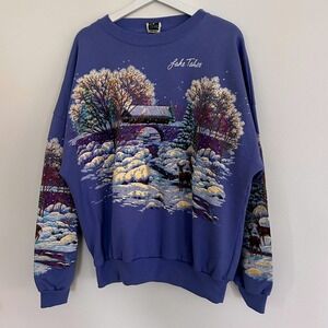 Vintage Lake Tahoe Winter Scene Deer Cabin Crewneck Sweatshirt Wrap Around VTG